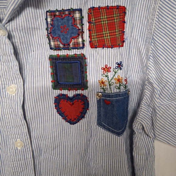 Women's cotton Blue Striped Button Down Shirt with Patchwork - Picture 2 of 7